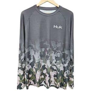 HUK Men's Refraction Fish Fade Pursuit LS Long Sleeve Shirt, Black, Size L